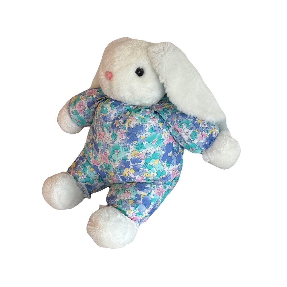 Dandee Intl Stuffed Plush Easter Bunny Rabbit Floral Cloth White Lace Collar EUC
